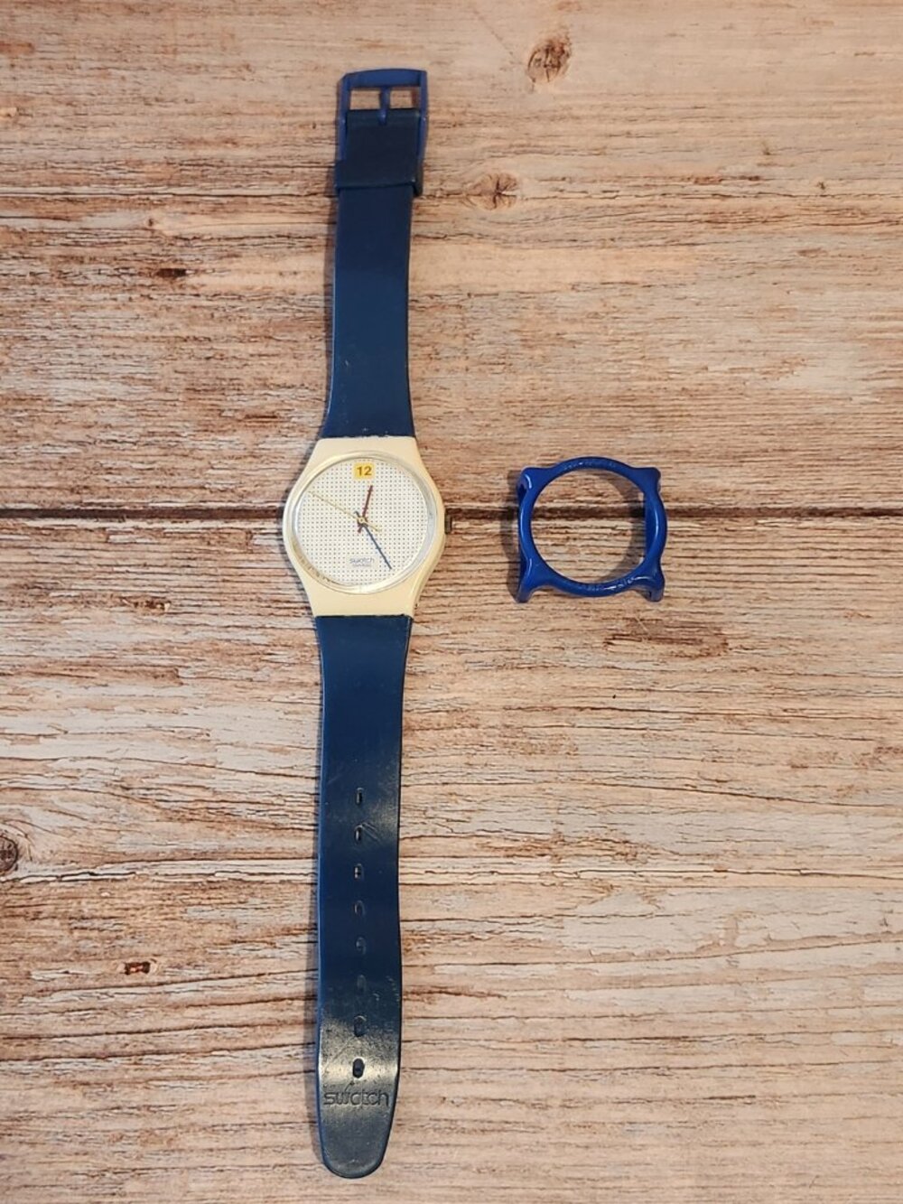 Vintage 1980s~Dotted Swiss~Swatch Watch With Rare Swatch Guard Too~Blue~White